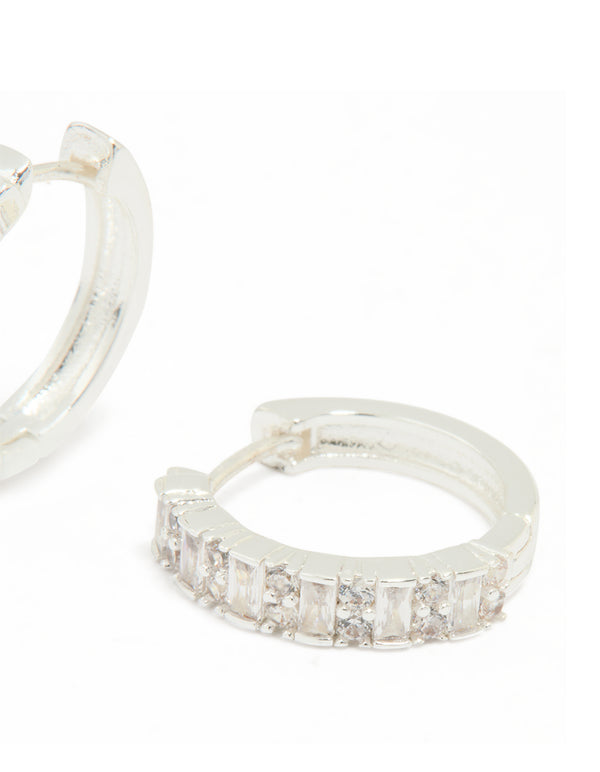 Silver Plated Diamante Baguette Pave Hoop Earrings