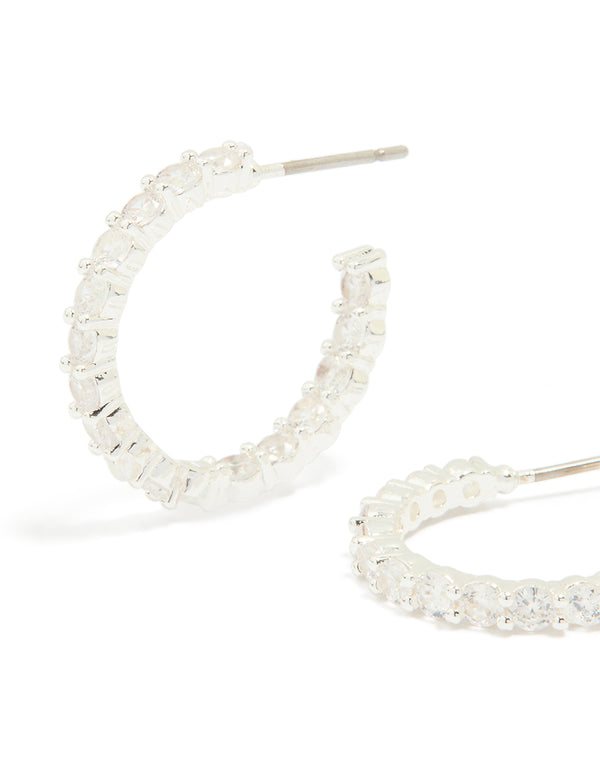 Silver Plated Cubic Zirconia Medium Round Hoop Earrings