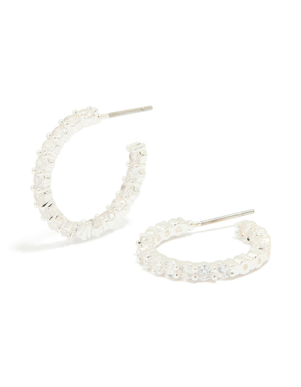 Silver Plated Cubic Zirconia Medium Round Hoop Earrings