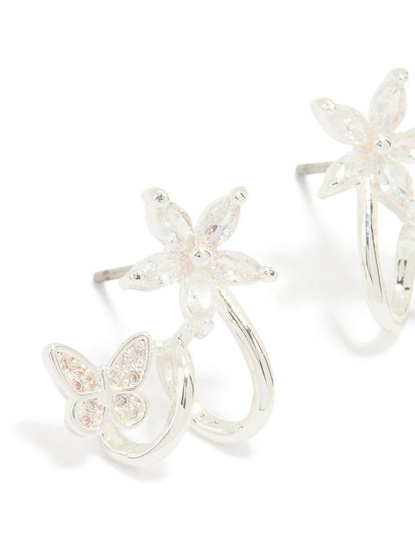 Silver Plated Cubic Zirconia Flower Butterfly Ear Jacket Earrings