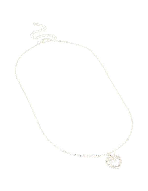 Silver Plated Cubic Zirconia Heart & Bow Pendant Necklace
