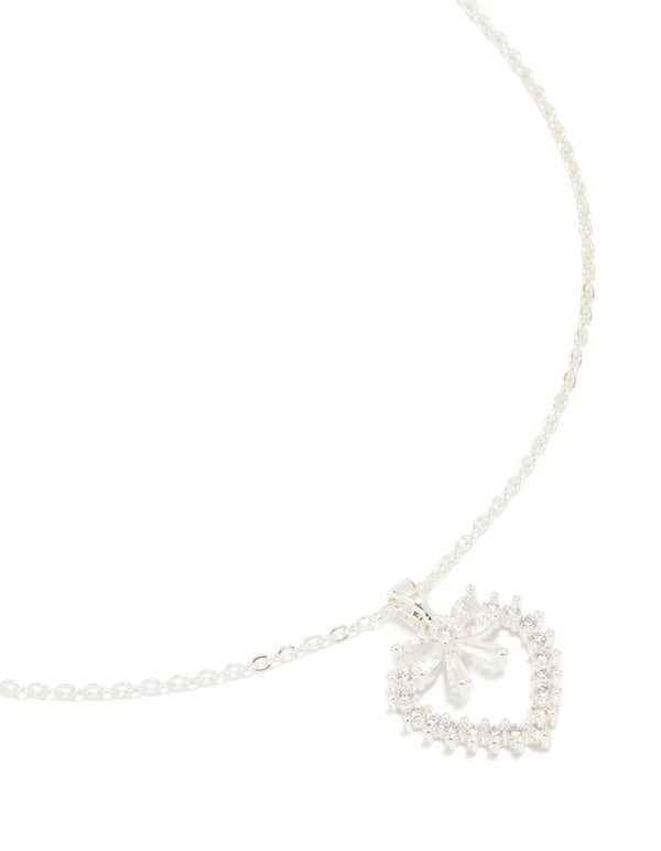 Silver Plated Cubic Zirconia Heart & Bow Pendant Necklace