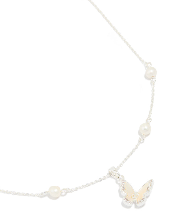 Silver Plated Cubic Zirconia Pearl Butterfly Necklace