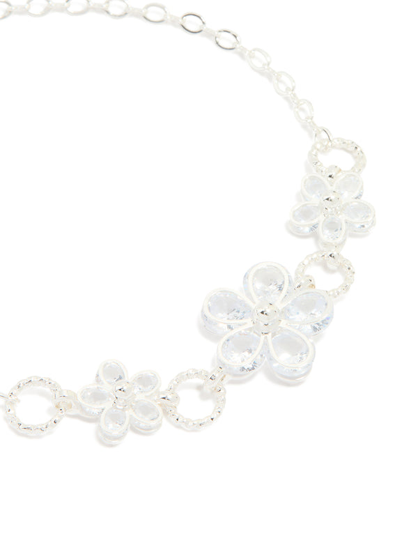 Silver Plated Cubic Zirconia Flower Station Bracelet