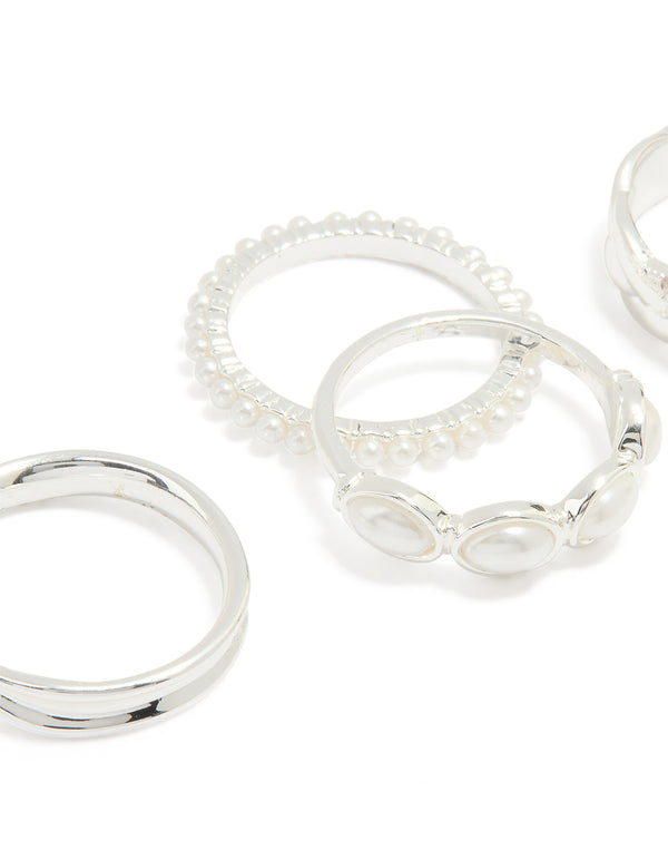 Silver Plated Diamante & Pearl Twisted Molten Rings 4-Pack