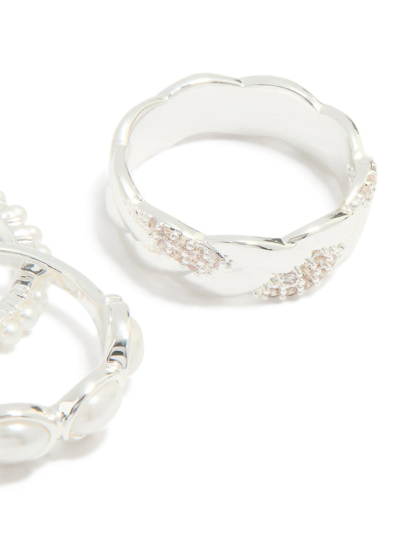 Silver Plated Diamante & Pearl Twisted Molten Rings 4-Pack