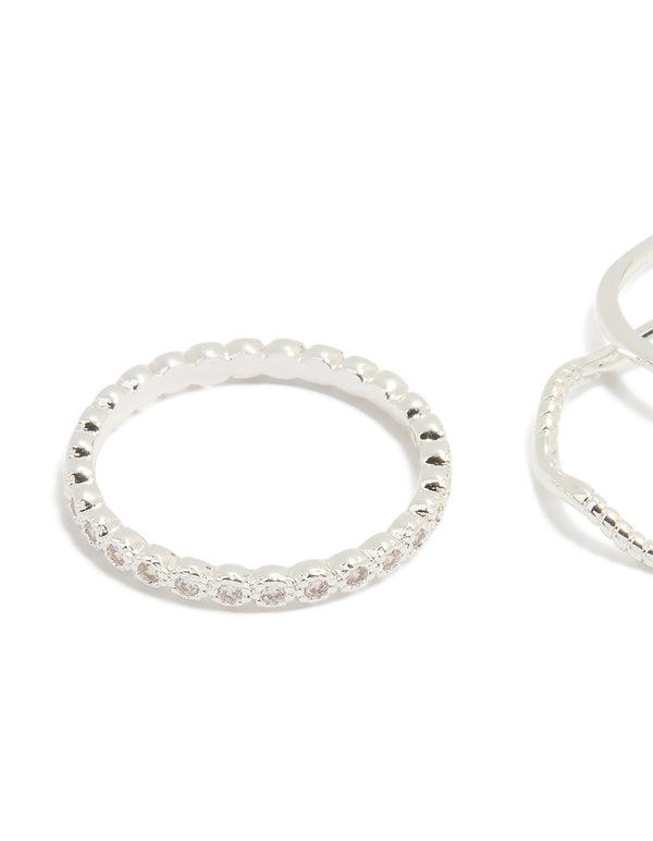 Silver Plated Dainty Cubic Zirconia & Plain Rings 5-Pack