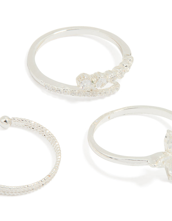 Silver Plated Cubic Zirconia Leafy Mixed Rings 5-Pack