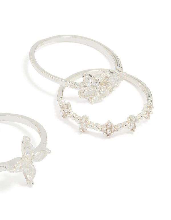 Silver Plated Cubic Zirconia Leafy Mixed Rings 5-Pack