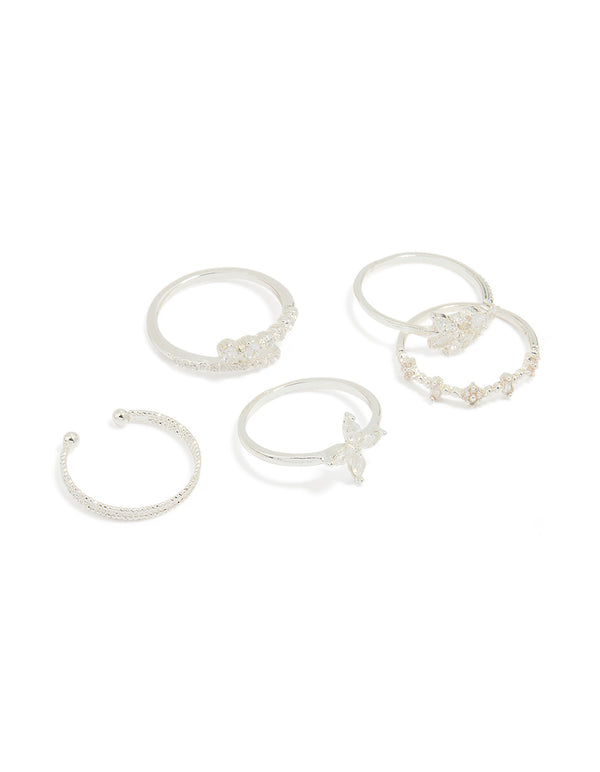 Silver Plated Cubic Zirconia Leafy Mixed Rings 5-Pack