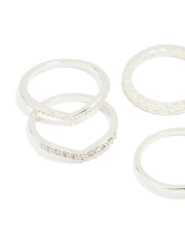 Silver Plated Diamante Twist & Dip Rings 6-Pack