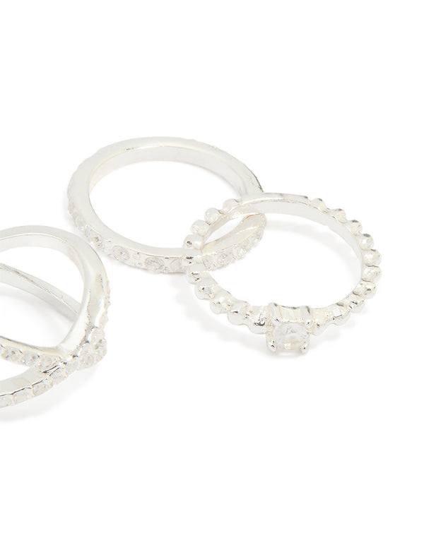 Silver Plated Mixed Diamante Cross Rings 5-Pack