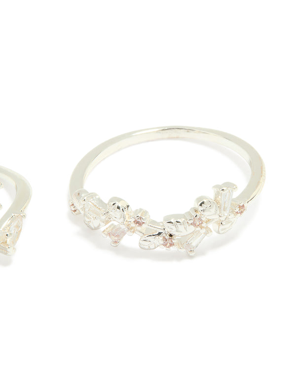 Silver Plated Pearl Flower & Bow Rings 4-Pack