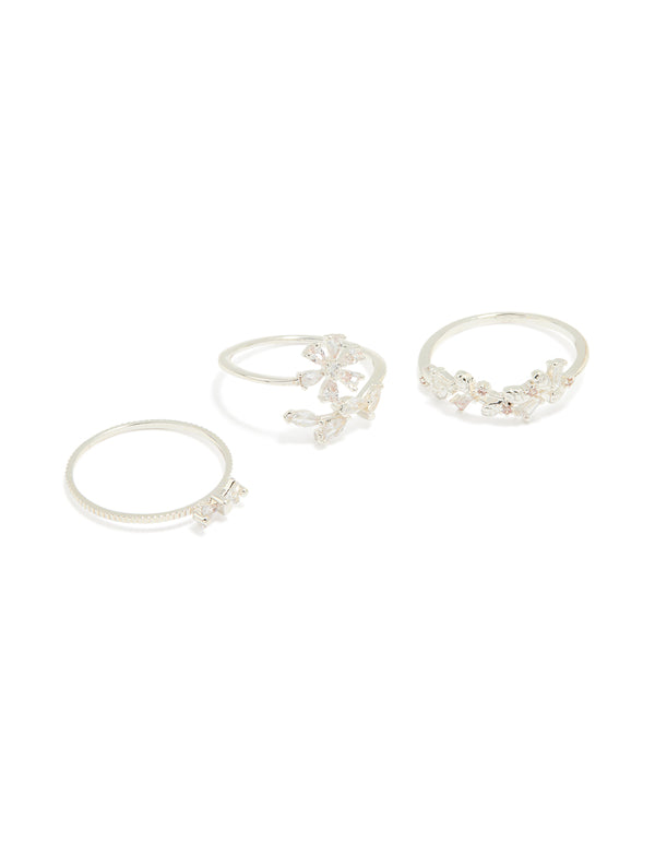 Silver Plated Pearl Flower & Bow Rings 4-Pack