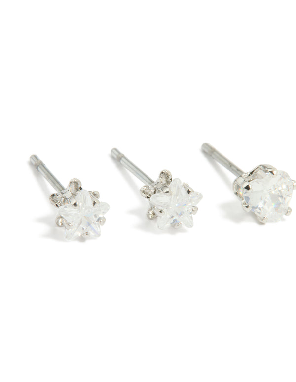 Silver Cubic Zirconia Stud Earrings 3-Pack