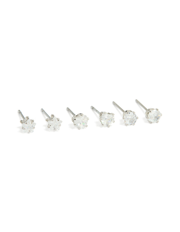 Silver Cubic Zirconia Stud Earrings 3-Pack