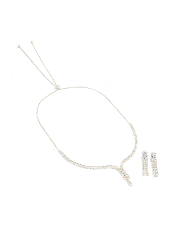 Silver Cubic Zirconia Y-Necklace & Cup Chain Earrings Set