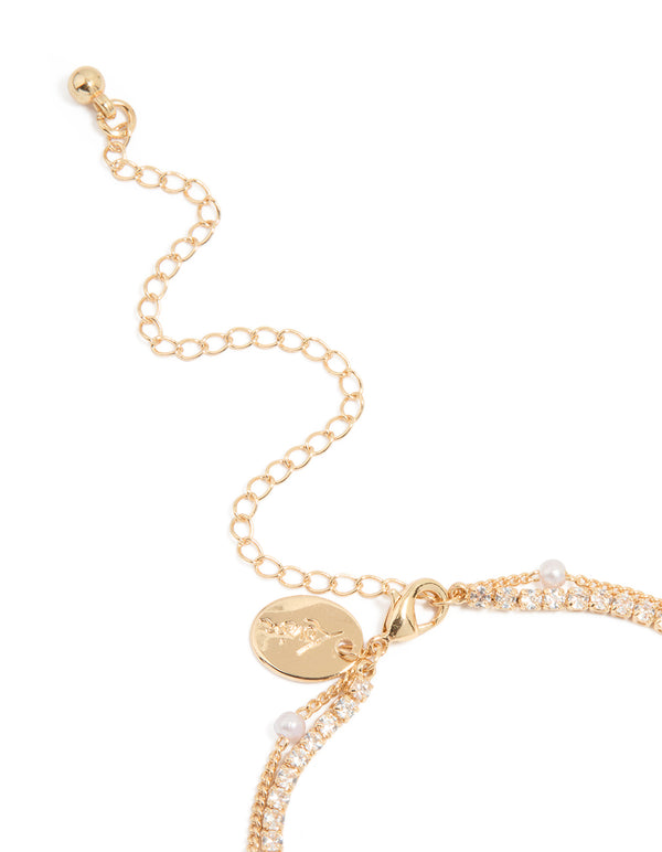 Gold Cubic Zirconia Pearl Toggle Bracelet