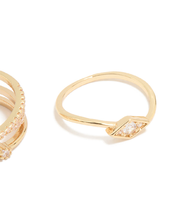 Gold Plated Cubic Zirconia Plain & Evil Eye Rings 4-Pack