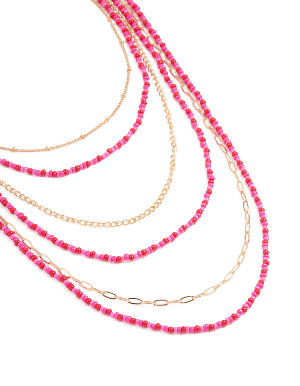 Gold Pink Beaded Layered Necklace