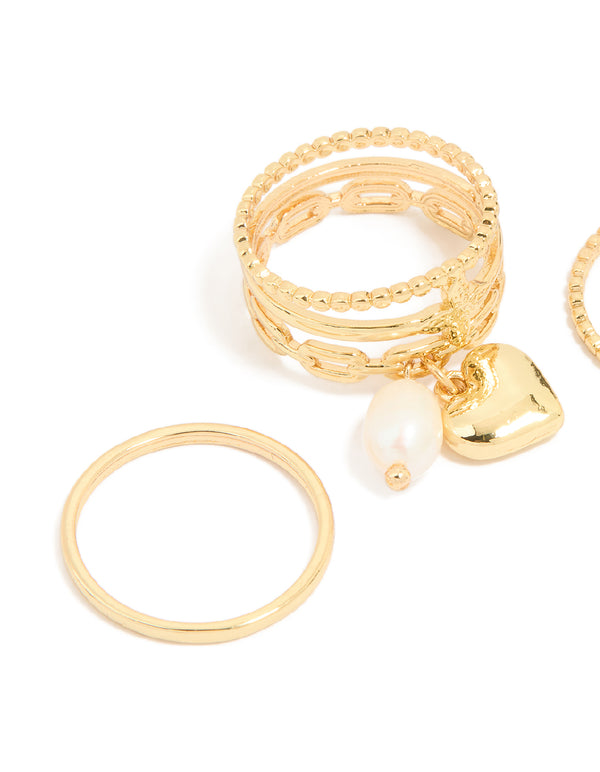 Gold Plated Pearl Heart Charm & Textured Rings 3-Pack
