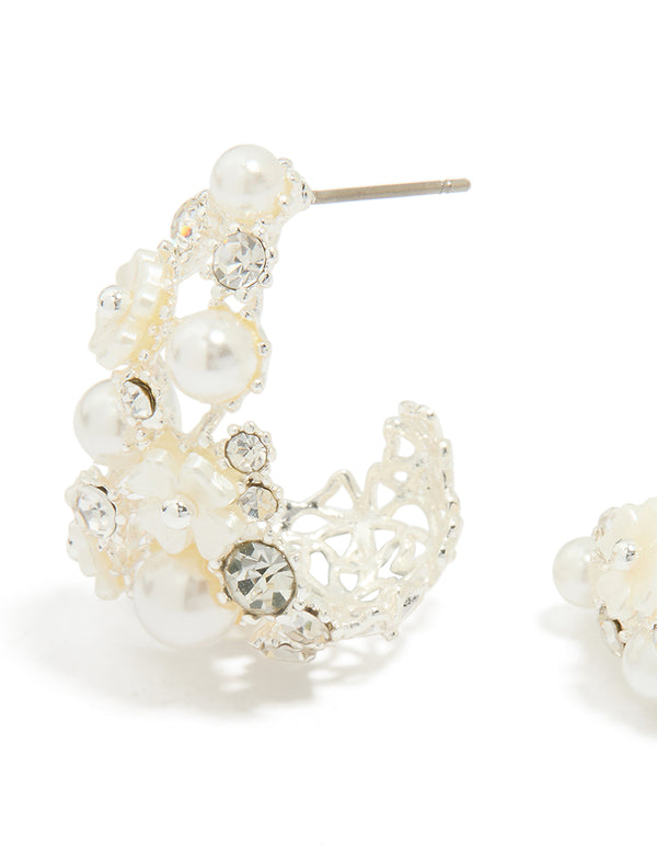 Silver Plated Diamante & Pearl Flower Hoop Earrings