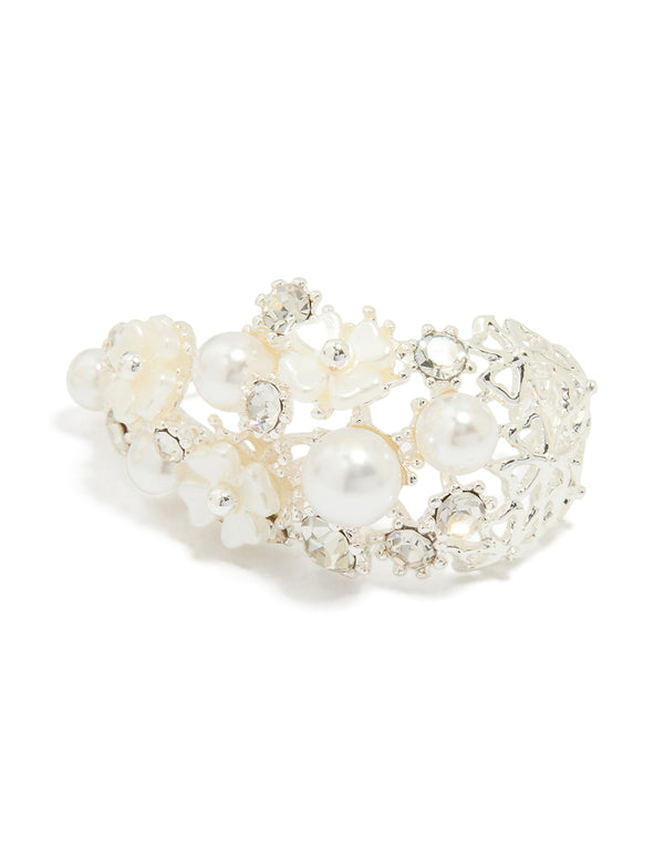 Silver Plated Diamante & Pearl Flower Hoop Earrings