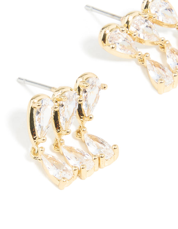 Gold Plated Cubic Zirconia Pear Trio Drop Earrings