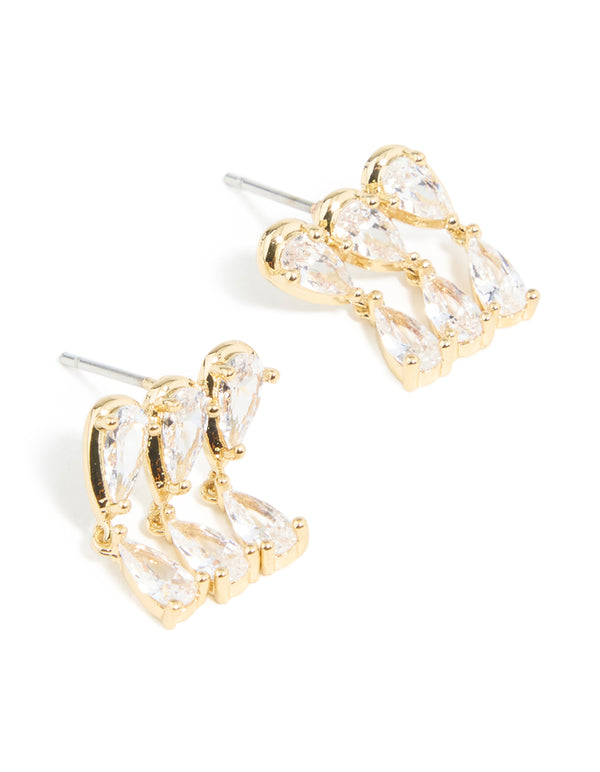 Gold Plated Cubic Zirconia Pear Trio Drop Earrings