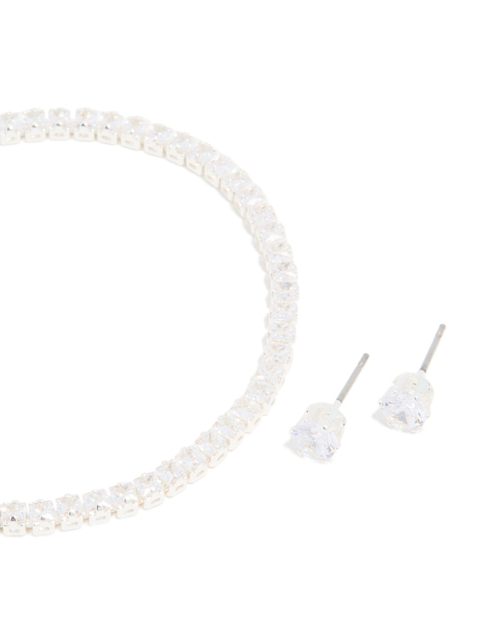 Silver Plated Cubic Zirconia Baguette Tennis Bracelet & Earrings Set