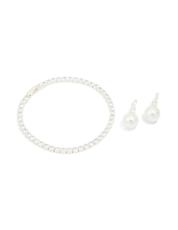 Silver Plated Cubic Zirconia Pearl Earrings & Tennis Bracelet Set