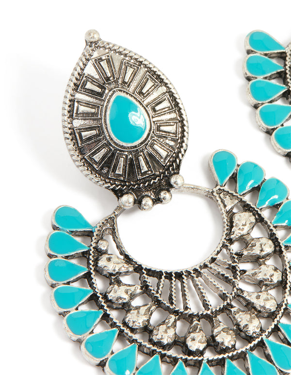 Antique Silver Blue Round Western Tassel Drop Earrings
