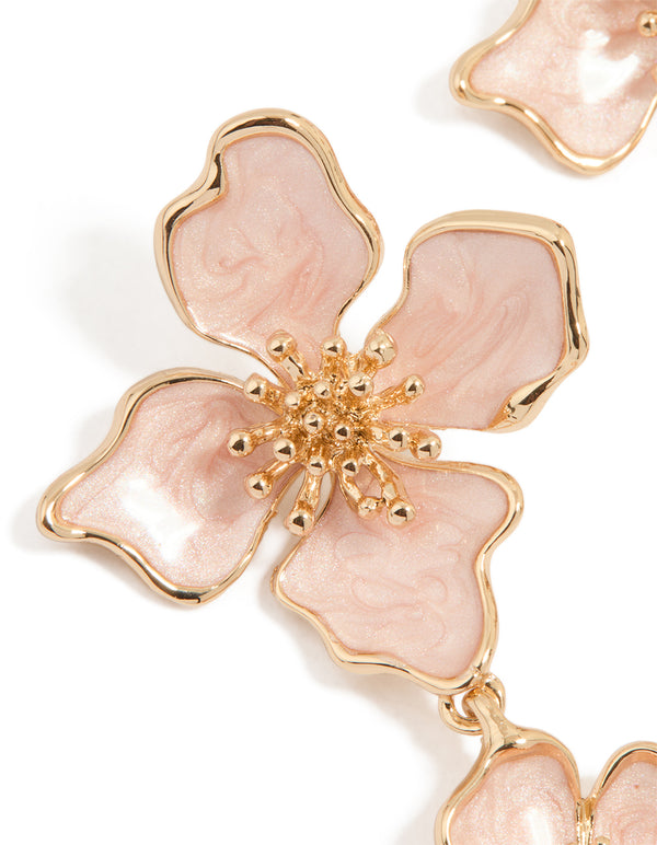 Gold Enamel Double Flower Drop Earrings
