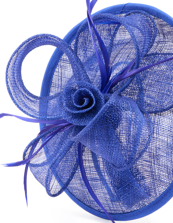 Dark Blue Sinamay Rosette & Feather Fascinator