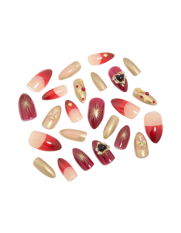 Red Mix Gold Cross Press On Nail Set