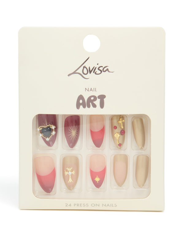 Red Mix Gold Cross Press On Nail Set