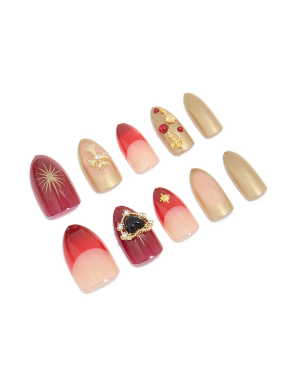 Red Mix Gold Cross Press On Nail Set