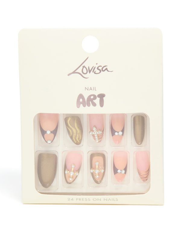 Gold & Pink Diamante Cross Nail Press On Nail Set