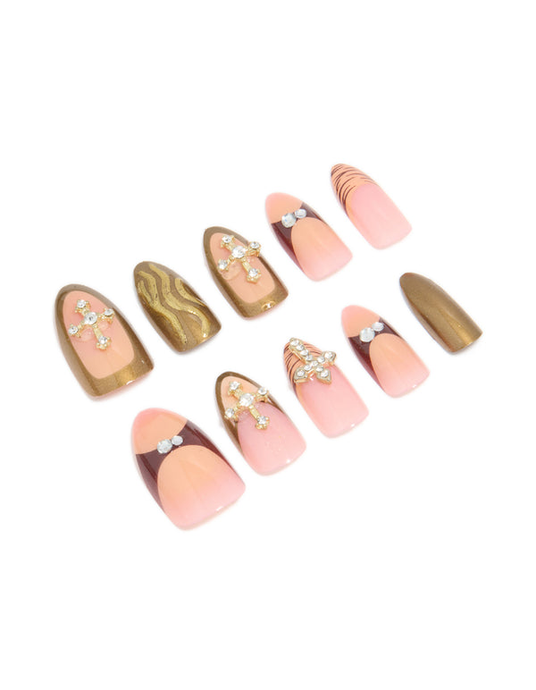 Gold & Pink Diamante Cross Nail Press On Nail Set
