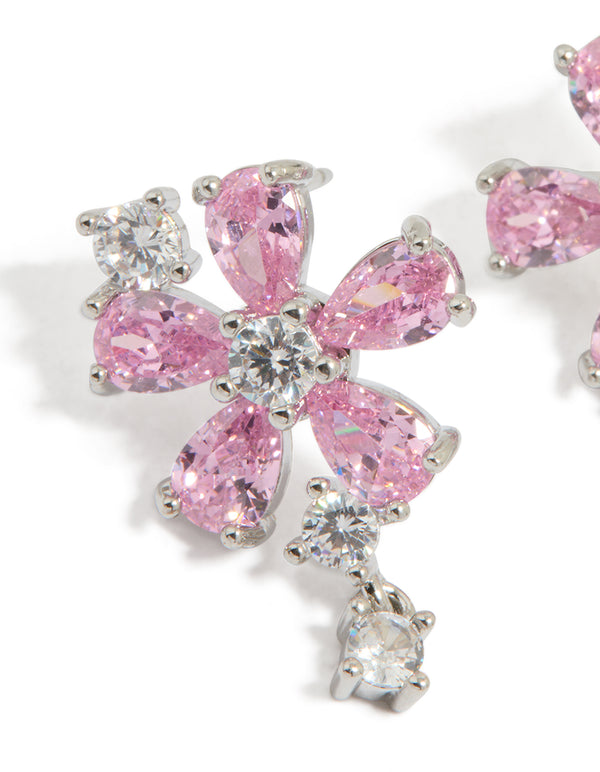 Silver Pink Cubic Zirconia Flower Stud Earrings