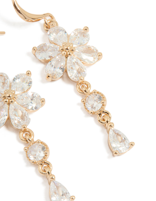 Gold Cubic Zirconia Flower Hook Drop Earrings