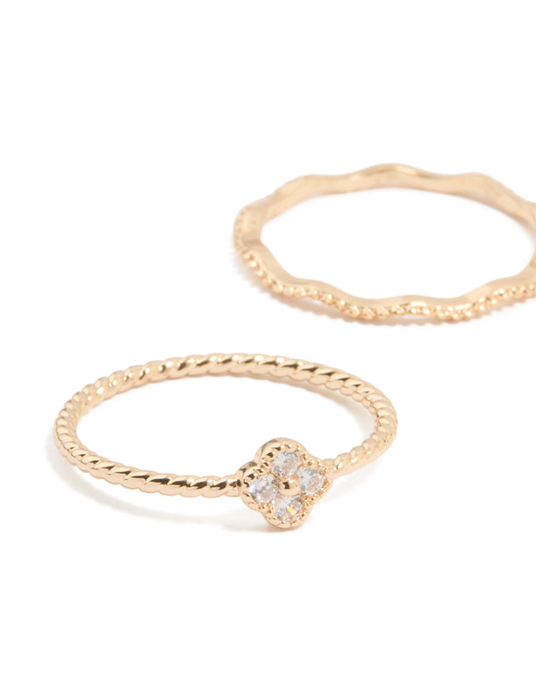 Gold Cubic Zirconia Flower & Textured Stacking Rings 6-Pack