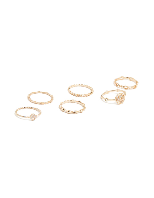 Gold Cubic Zirconia Flower & Textured Stacking Rings 6-Pack
