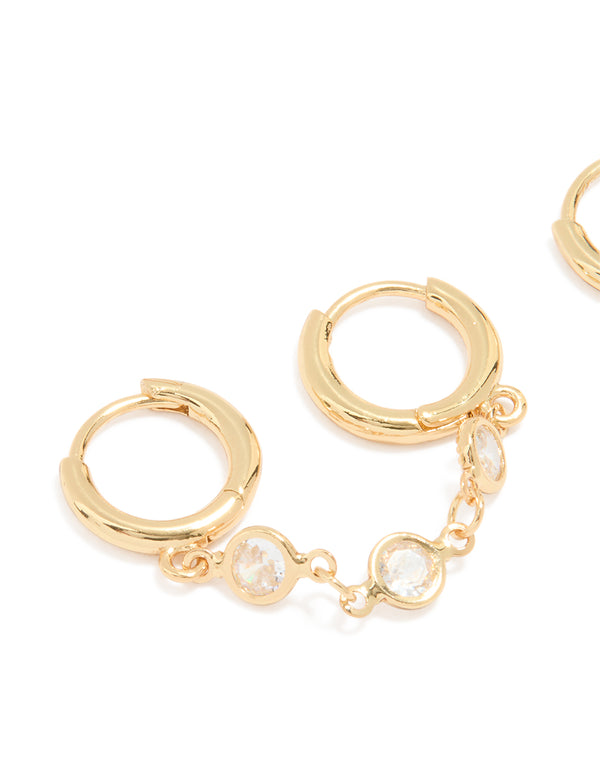 Gold Plated Cubic Zirconia Double Huggie Chain Earrings