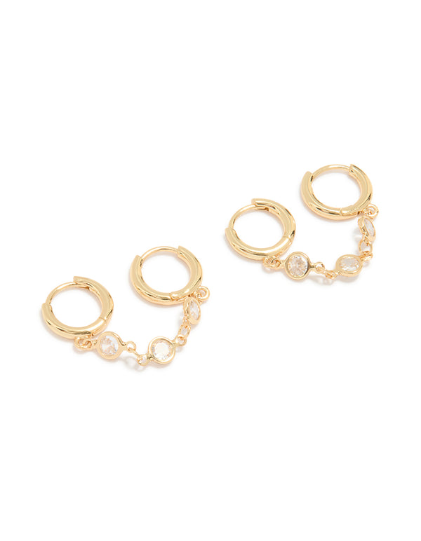 Gold Plated Cubic Zirconia Double Huggie Chain Earrings