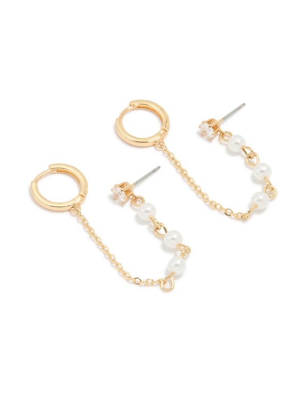 Gold Plated Pearl Chain Huggie Earrings