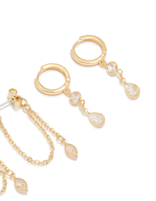 Gold Plated Cubic Zirconia Drop & Chain Earrings 2-Pack