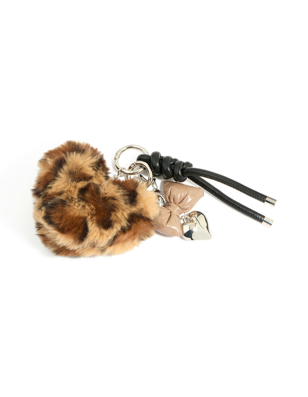 Leopard Print Fluffy Heart & PU Leather Bow Key Chain