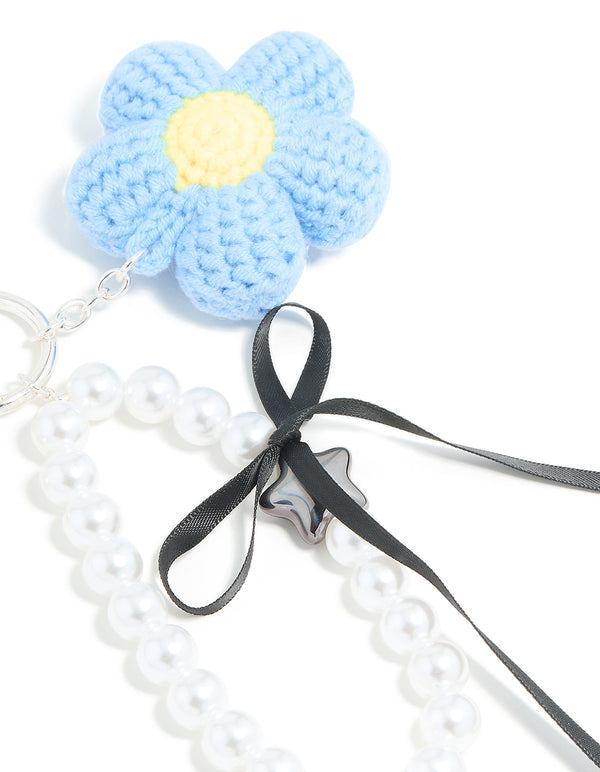 Blue Crochet Fabric Daisy & Pearl Key Chain