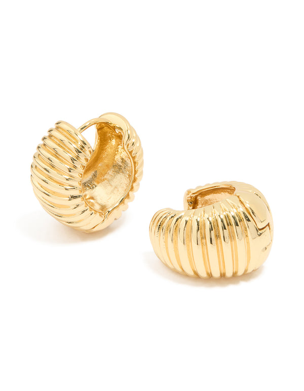 Gold Plated Brass Ribbed Graduated Huggie Earrings